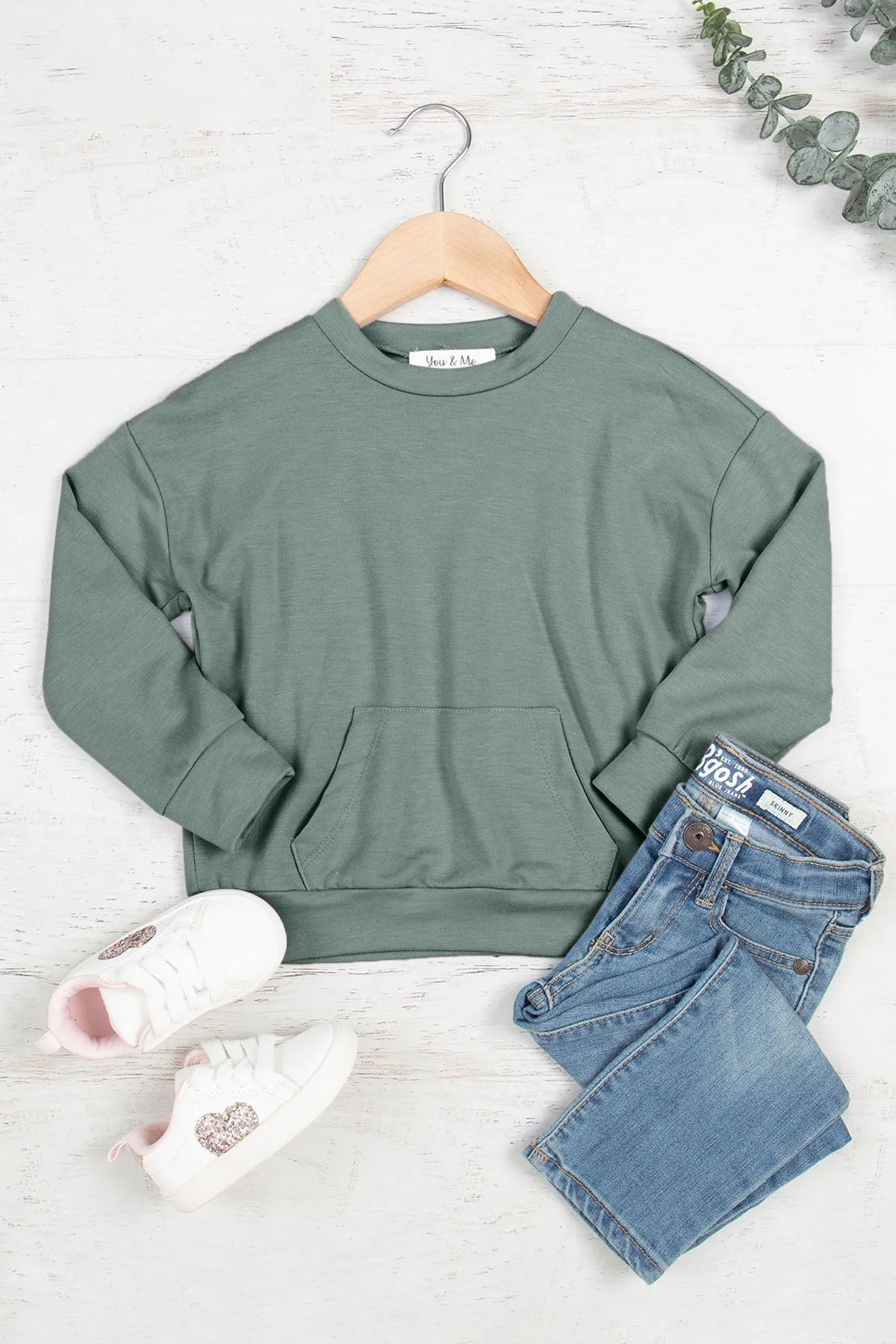 Kids Solid French Terry Long Sleeve Top With Kangaroo Pocket