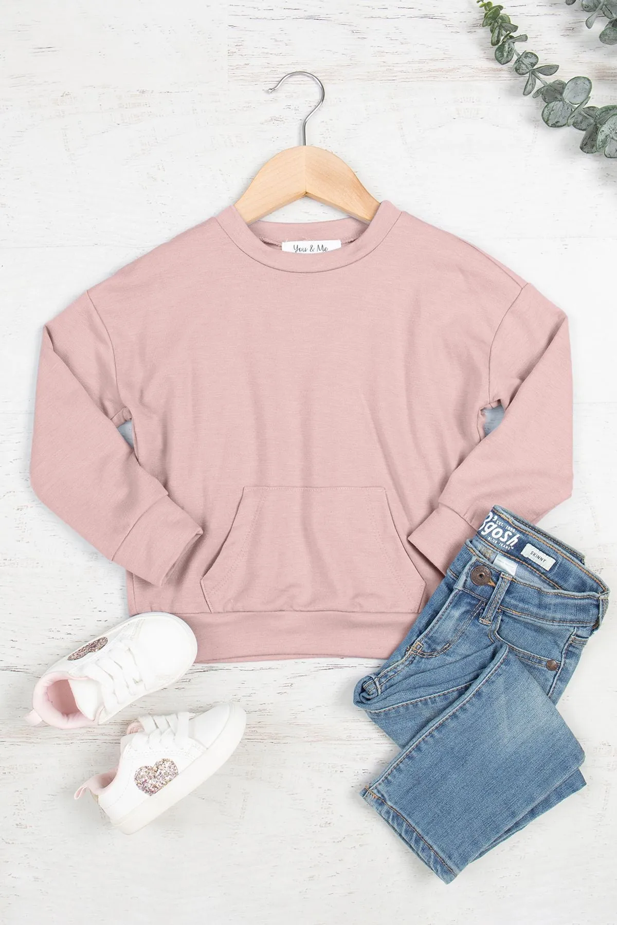 Kids Solid French Terry Long Sleeve Top With Kangaroo Pocket