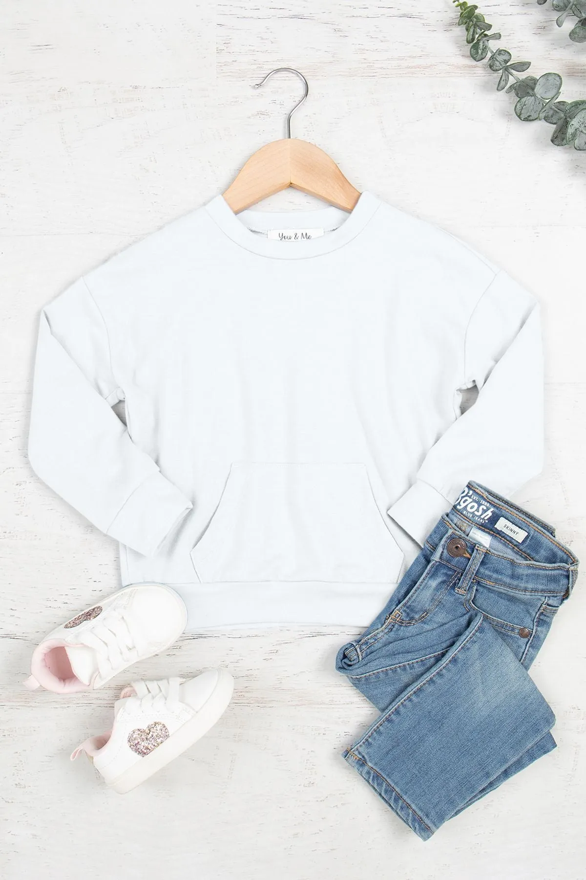 Kids Solid French Terry Long Sleeve Top With Kangaroo Pocket