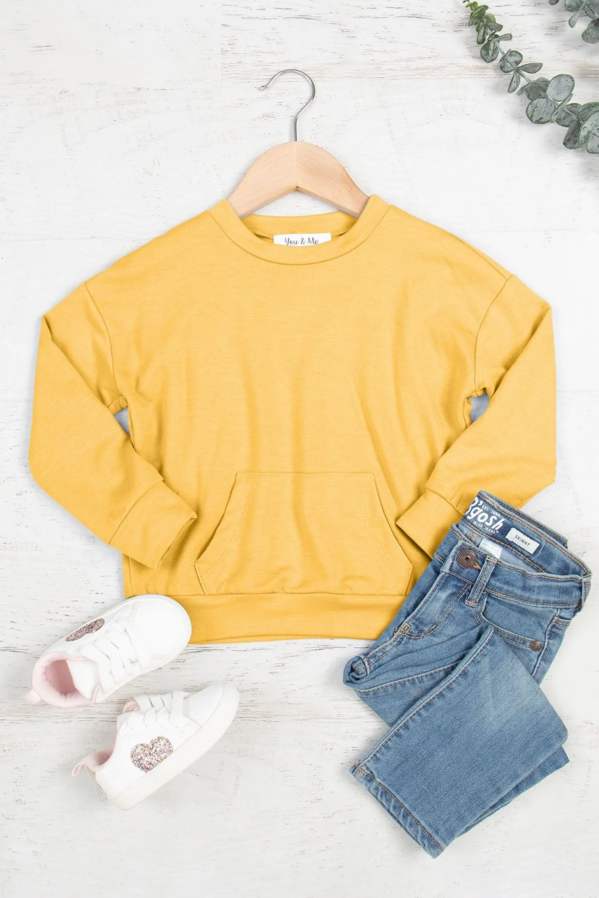 Kids Solid French Terry Long Sleeve Top With Kangaroo Pocket