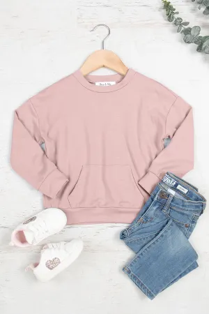 Kids Solid French Terry Long Sleeve Top With Kangaroo Pocket