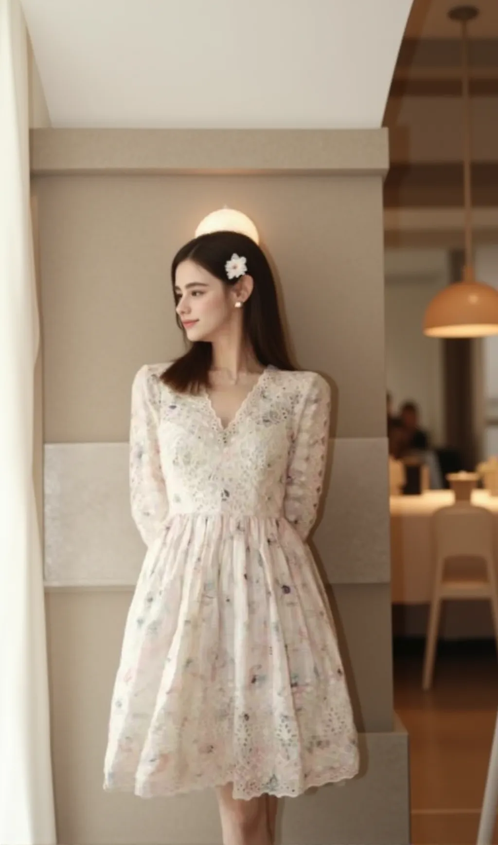 Lace Detail Long Sleeve V Neck Mini Dress
