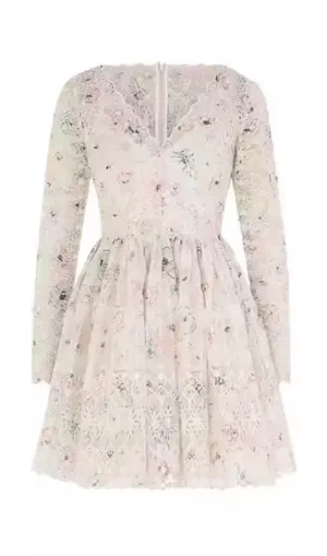 Lace Detail Long Sleeve V Neck Mini Dress