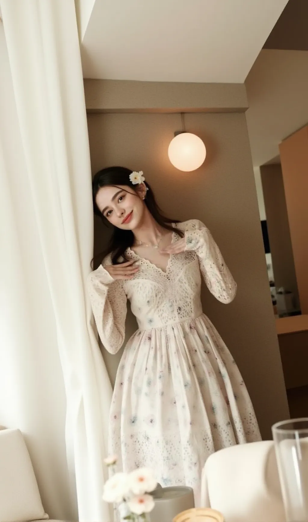 Lace Detail Long Sleeve V Neck Mini Dress