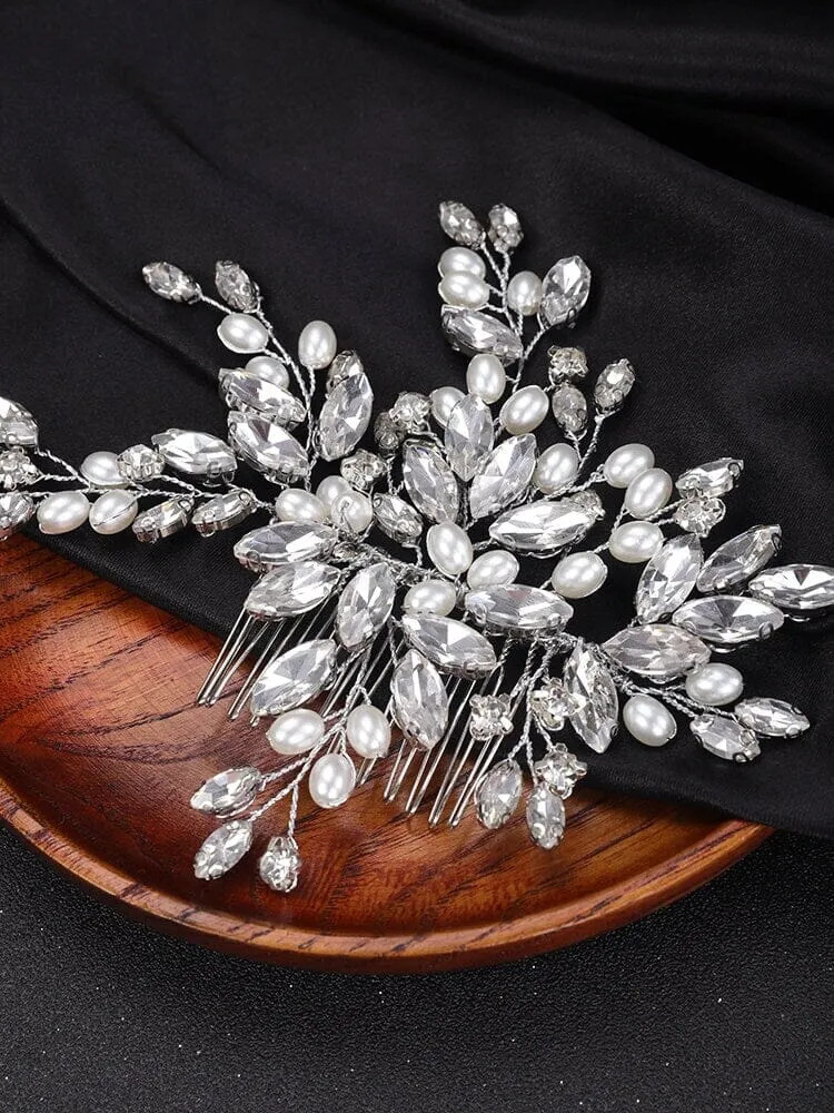 Large Crystal Leaf Pearl Hair Comb, Rhinestone Wedding Hairpiece, Bridal Gem Pearl Decorative Hair Comb Headpiece