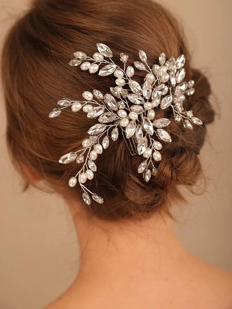 Large Crystal Leaf Pearl Hair Comb, Rhinestone Wedding Hairpiece, Bridal Gem Pearl Decorative Hair Comb Headpiece
