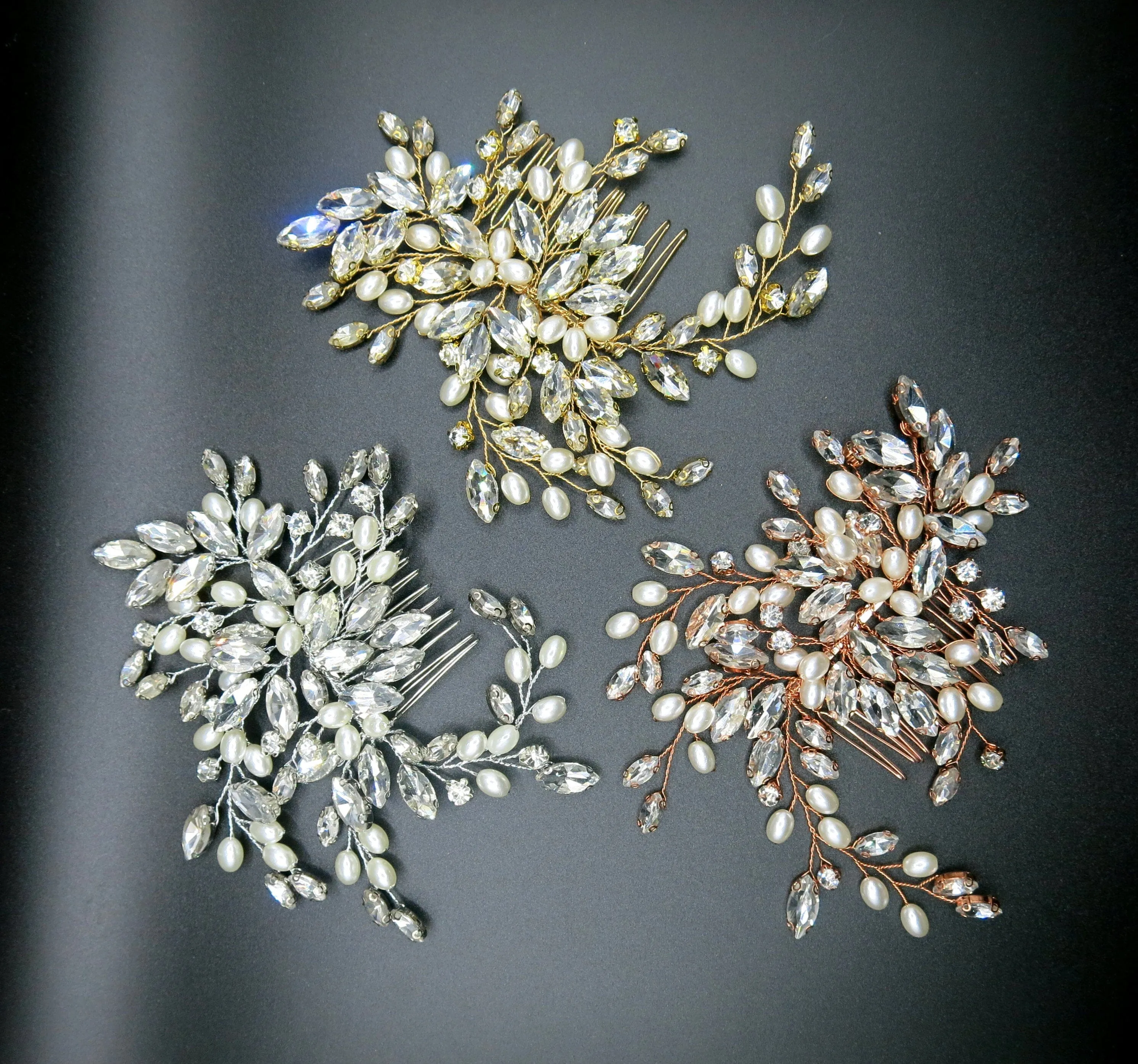 Large Crystal Leaf Pearl Hair Comb, Rhinestone Wedding Hairpiece, Bridal Gem Pearl Decorative Hair Comb Headpiece