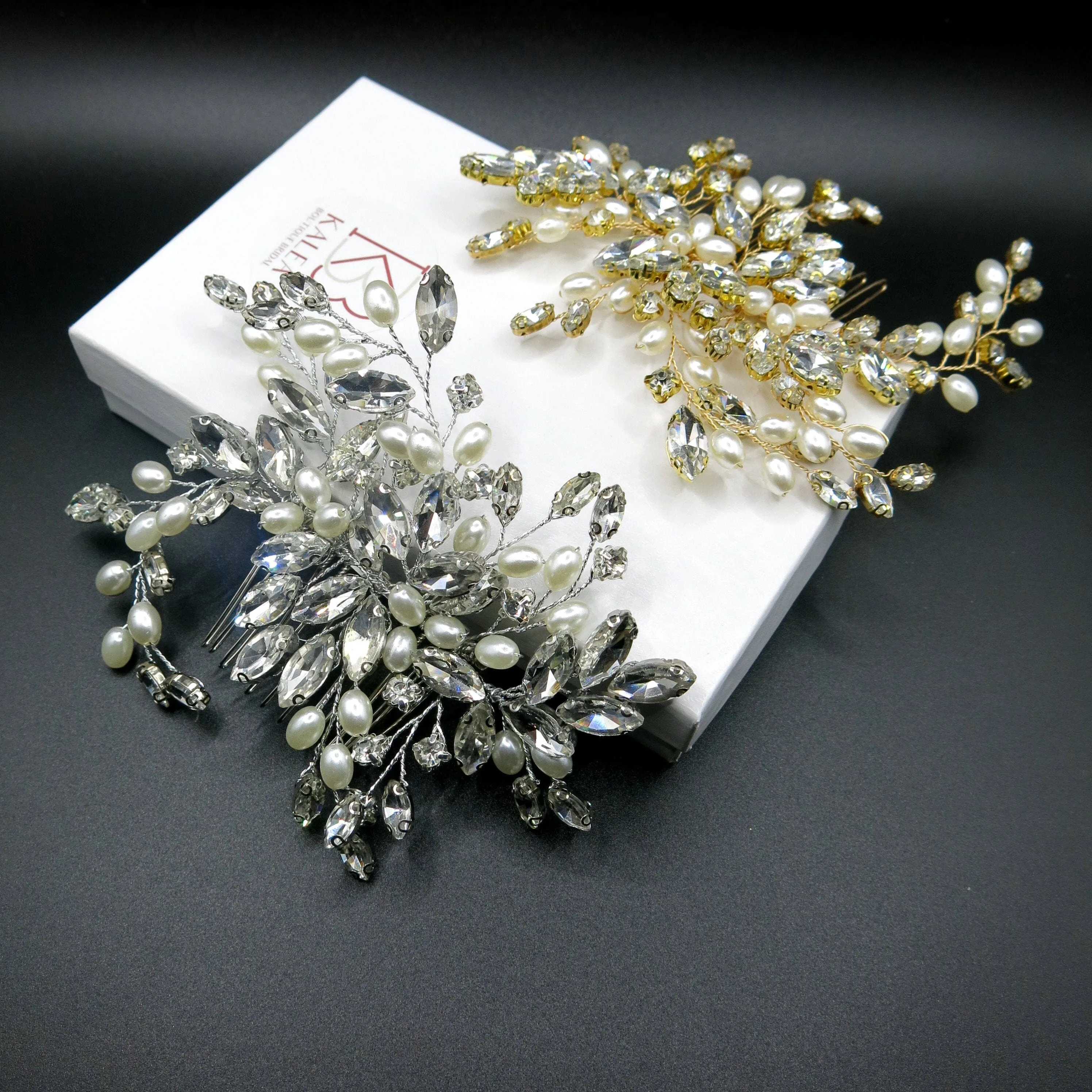 Large Crystal Leaf Pearl Hair Comb, Rhinestone Wedding Hairpiece, Bridal Gem Pearl Decorative Hair Comb Headpiece
