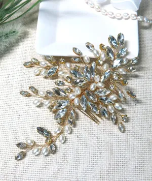 Large Crystal Leaf Pearl Hair Comb, Rhinestone Wedding Hairpiece, Bridal Gem Pearl Decorative Hair Comb Headpiece