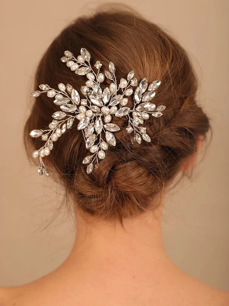 Large Crystal Leaf Pearl Hair Comb, Rhinestone Wedding Hairpiece, Bridal Gem Pearl Decorative Hair Comb Headpiece
