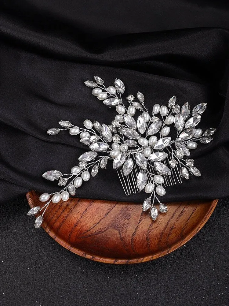Large Crystal Leaf Pearl Hair Comb, Rhinestone Wedding Hairpiece, Bridal Gem Pearl Decorative Hair Comb Headpiece