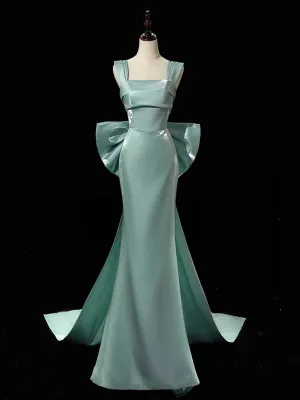 Light Blue Satin Straps Mermaid Low Back Party Dress, Blue Green Satin Prom Dress