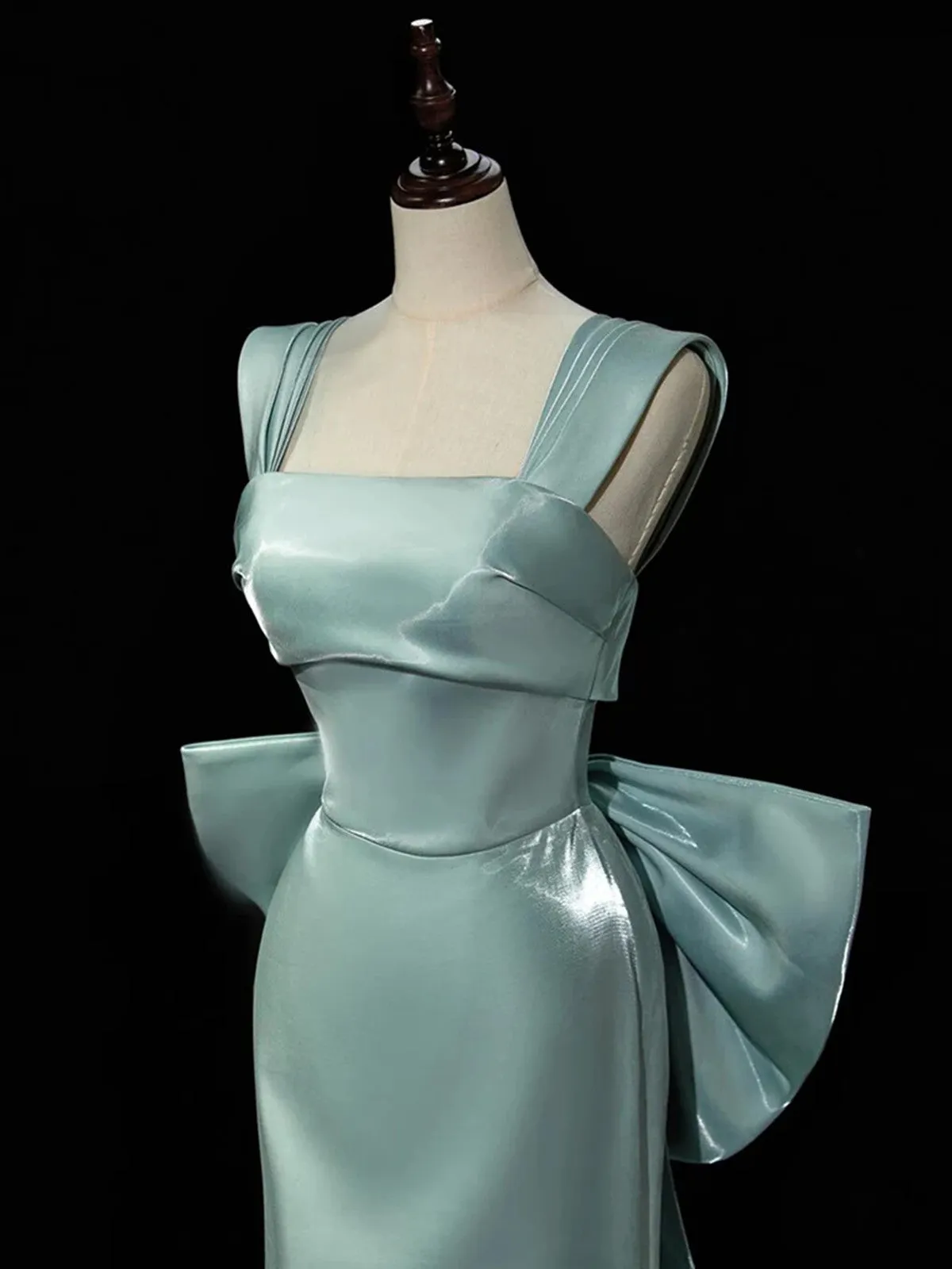 Light Blue Satin Straps Mermaid Low Back Party Dress, Blue Green Satin Prom Dress