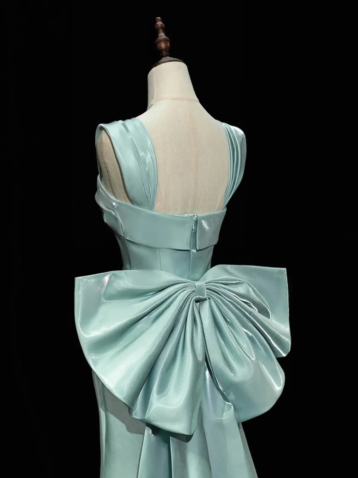 Light Blue Satin Straps Mermaid Low Back Party Dress, Blue Green Satin Prom Dress