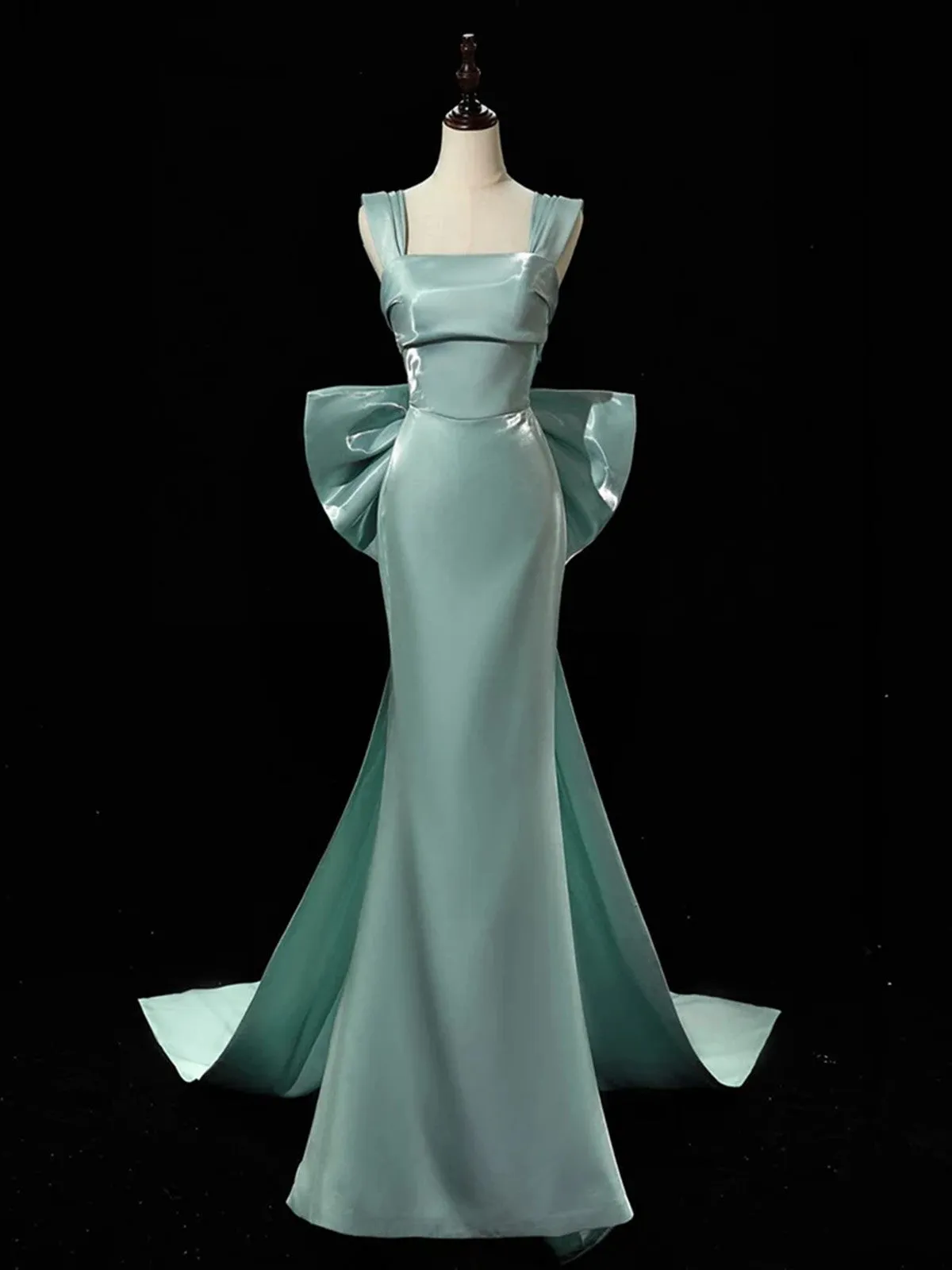 Light Blue Satin Straps Mermaid Low Back Party Dress, Blue Green Satin Prom Dress