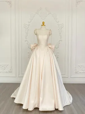 Light Champagne Satin Straps Long Party Dress, Satin Champagne Prom Dress Evening Dress