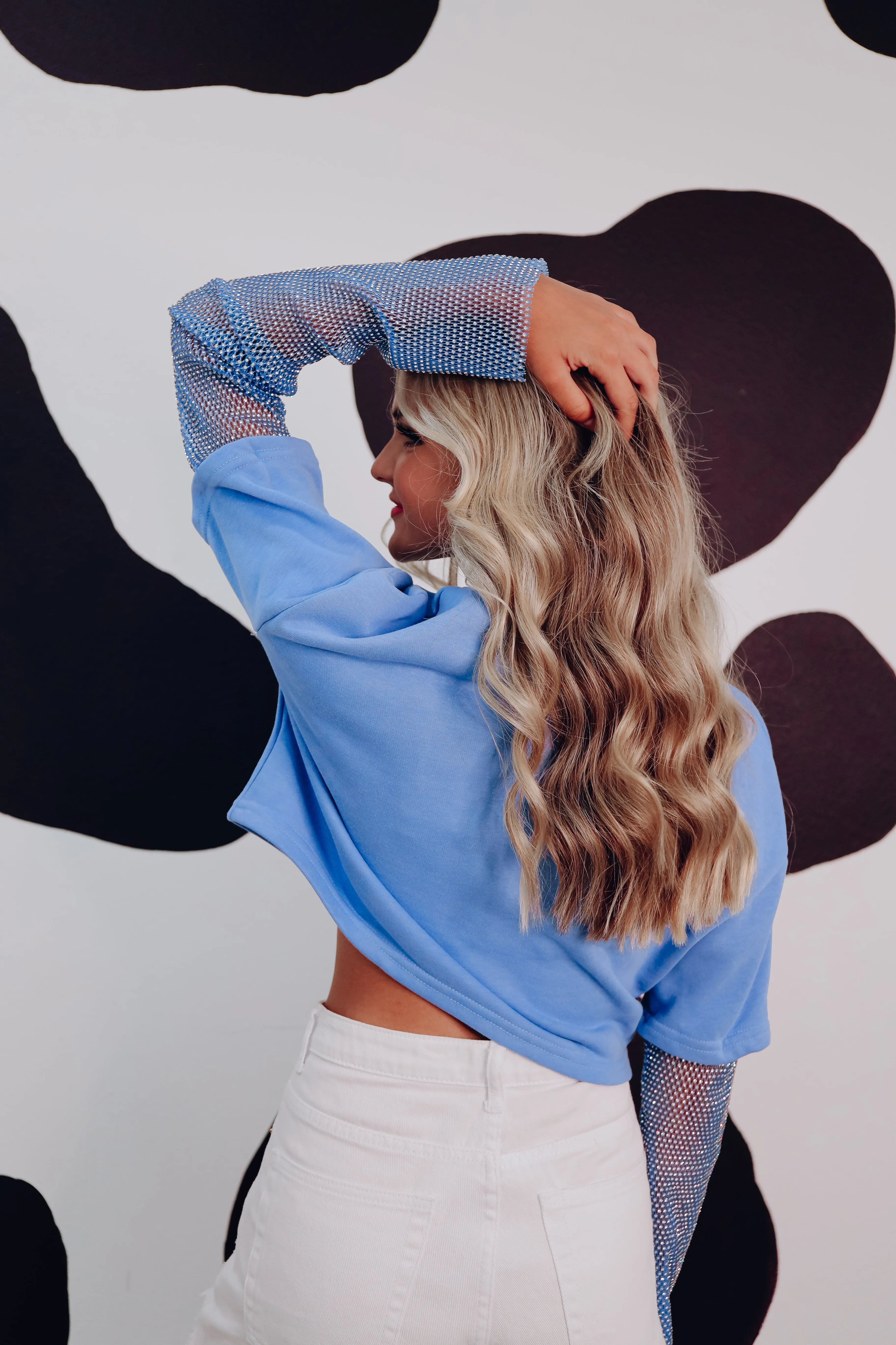 Limitless Rhinestone Sleeve Crop Top - Blue