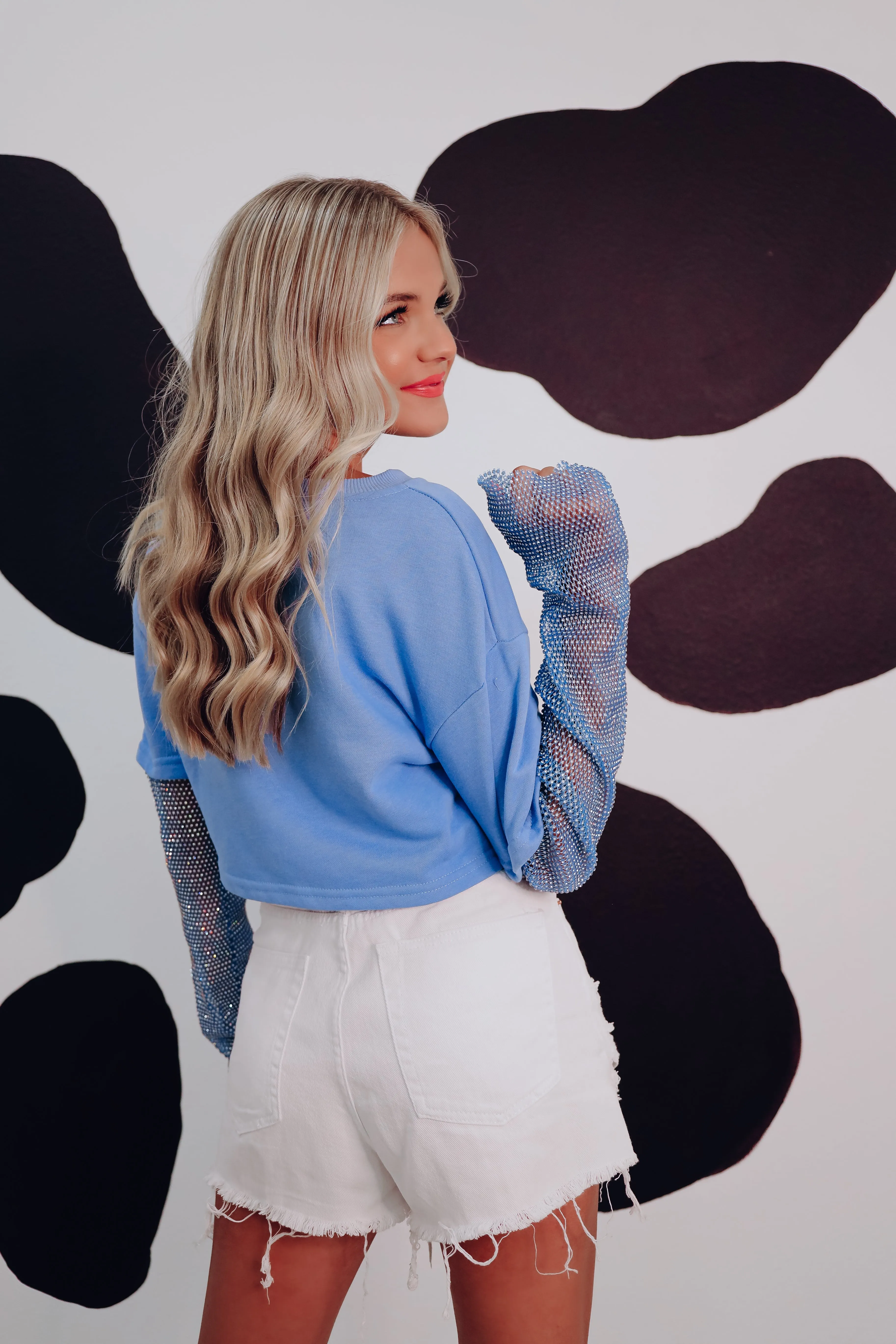 Limitless Rhinestone Sleeve Crop Top - Blue