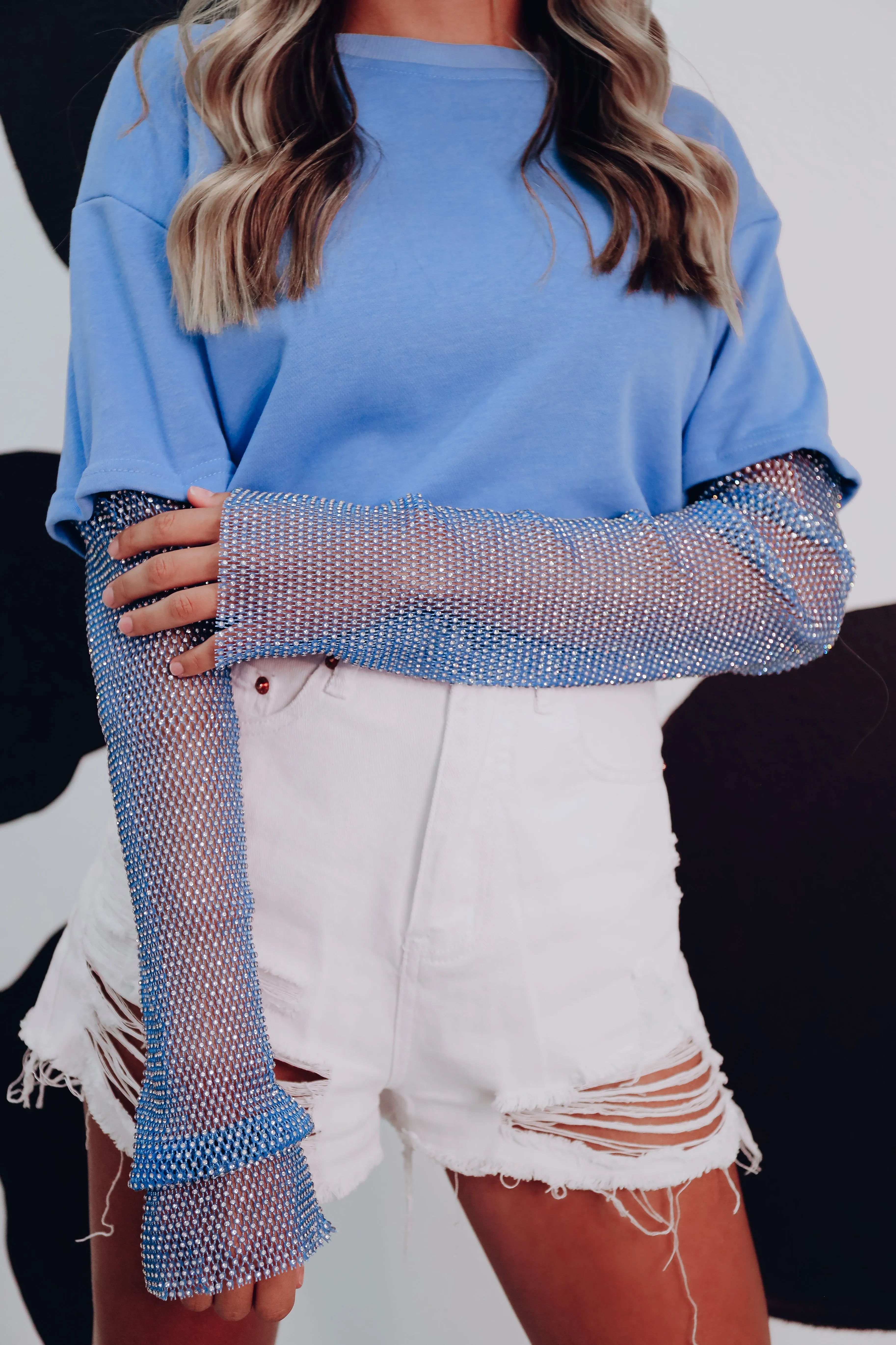 Limitless Rhinestone Sleeve Crop Top - Blue