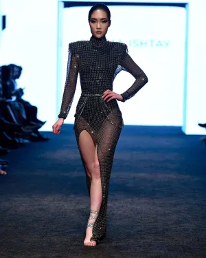 Long Sleeve High Slit Black Mesh Silver Rhinestone Dress