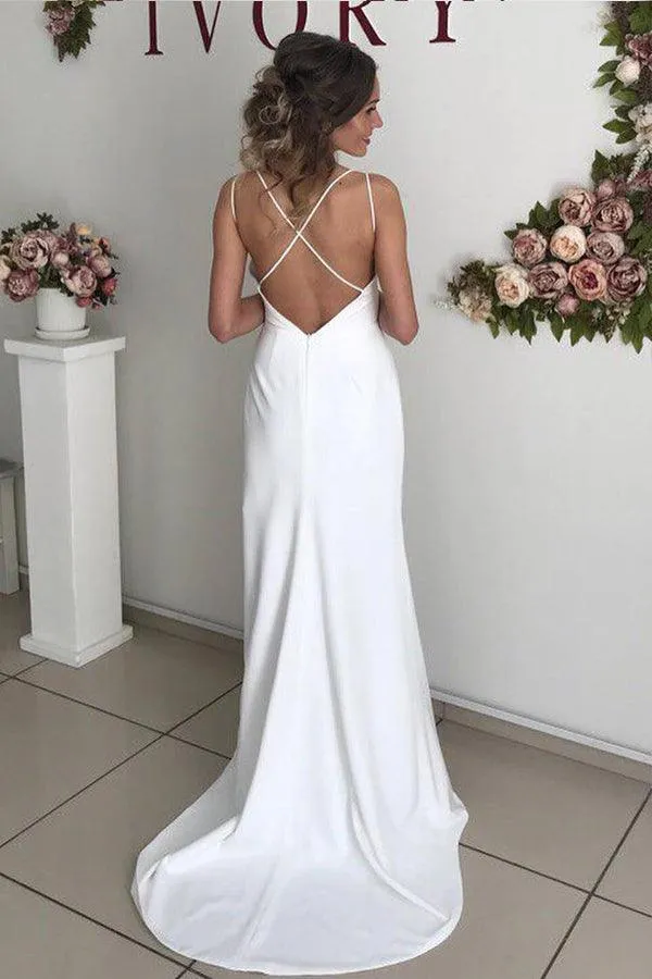 Long Straps Sheath V-Neck Ivory Wedding Dress with Slit TN288