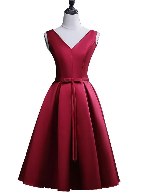 Lovely Green Satin Short Party Dress, V-neckline Bridesmaid Dress