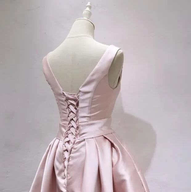 Lovely Pink Satin Round Beaded Knee Length Satin Party Dress, Pink Homecoming Dresses