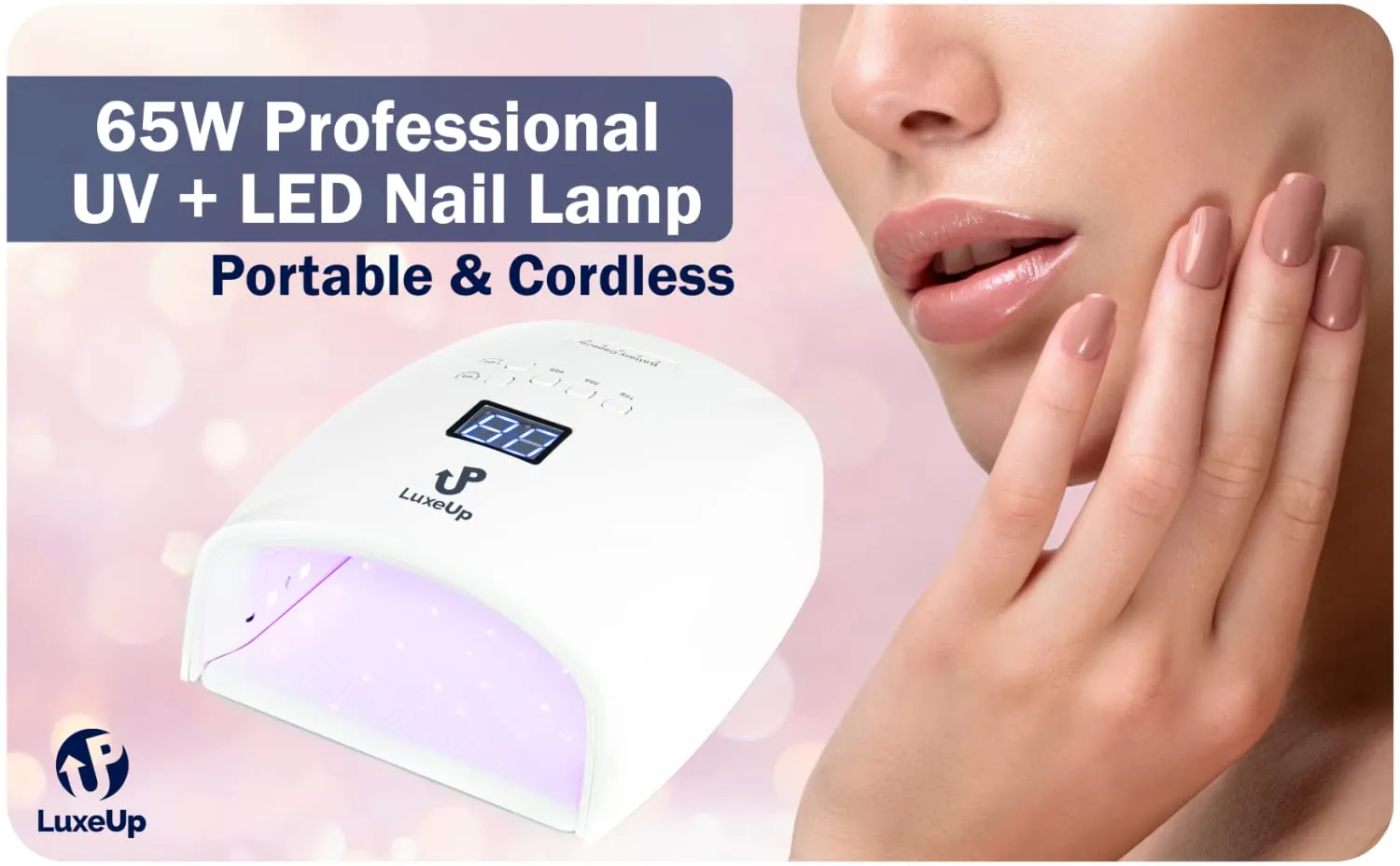 LuxeUp 65W Rechargeable Cordless UV Nail Lamp – Wireless Professional LED Gel Polish Nail Light Dryer with Motion Detector Technology