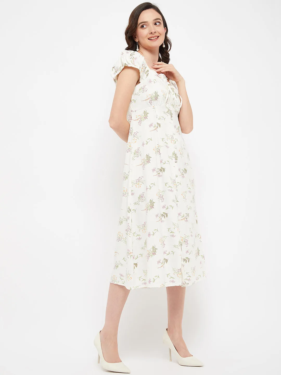 Madame Off White Floral Scoop Neck Dress