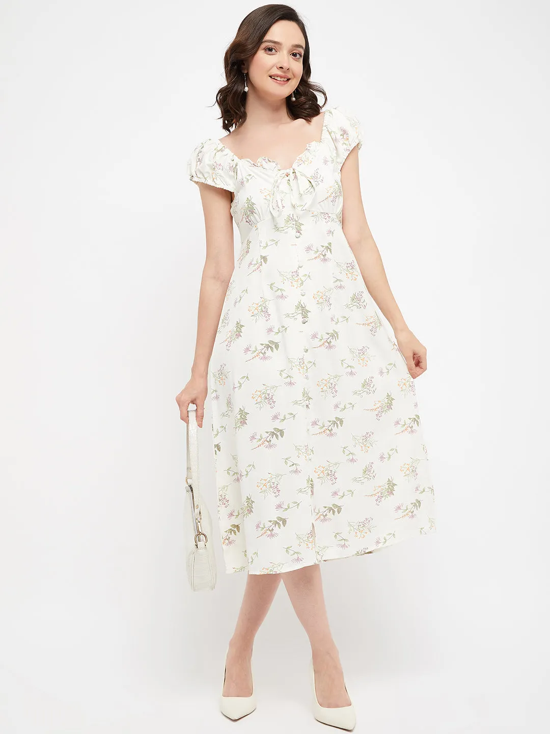 Madame Off White Floral Scoop Neck Dress