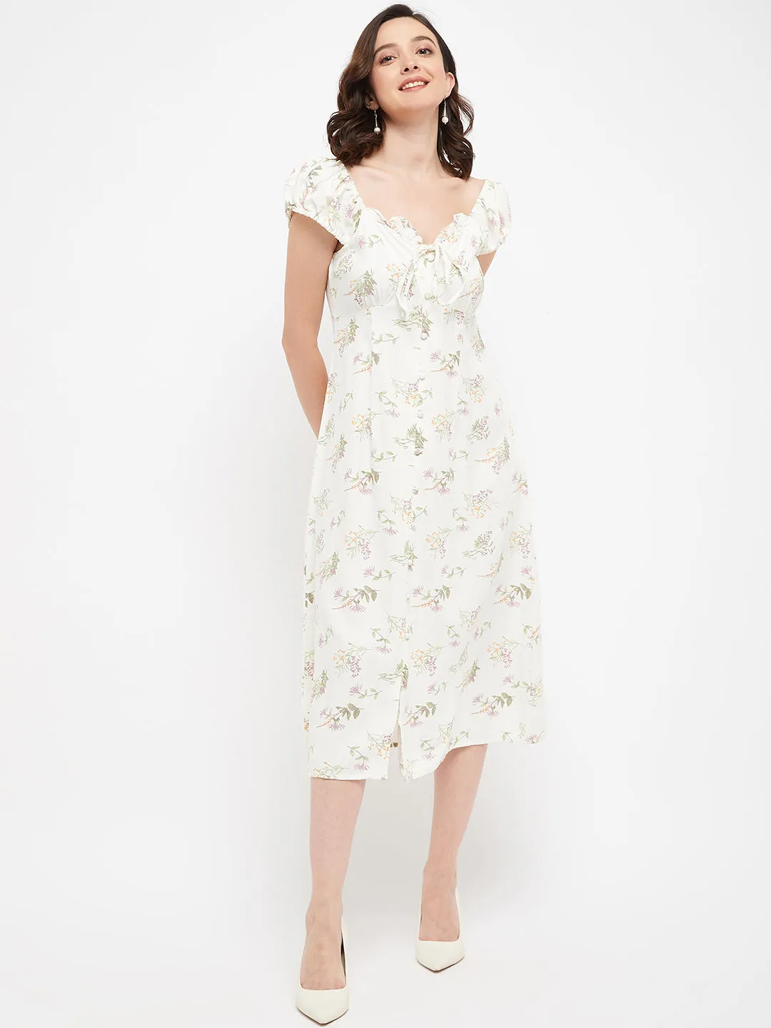 Madame Off White Floral Scoop Neck Dress
