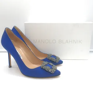 Manolo Blahnik Hangisi 105 Crystal-Buckle Pumps Royal Blue Satin Size 38