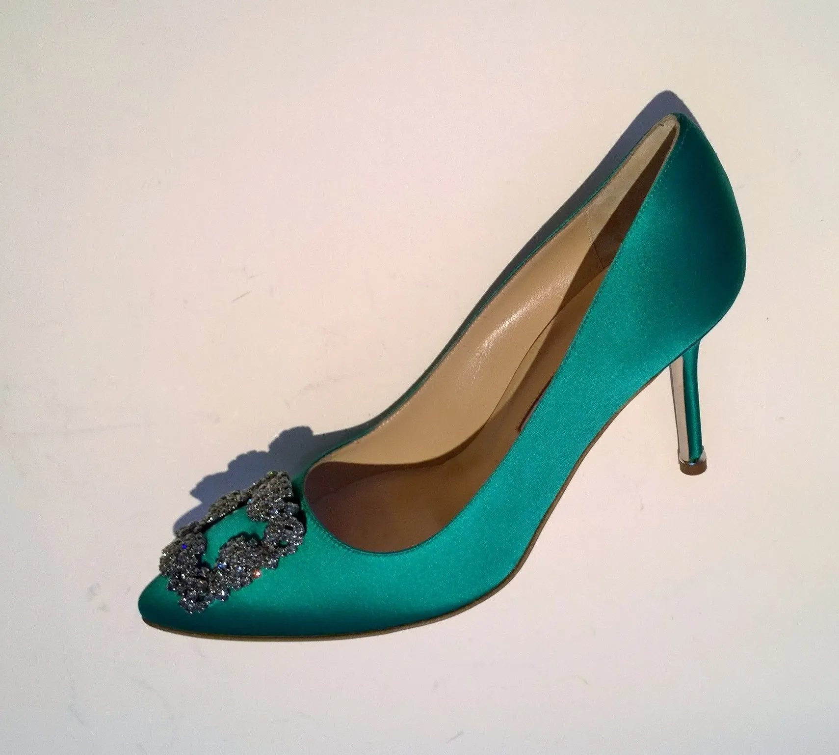 Manolo Blahnik Hangisi 90 Rhinestone Buckle Heels in Bright Green Satin Strass Shoes