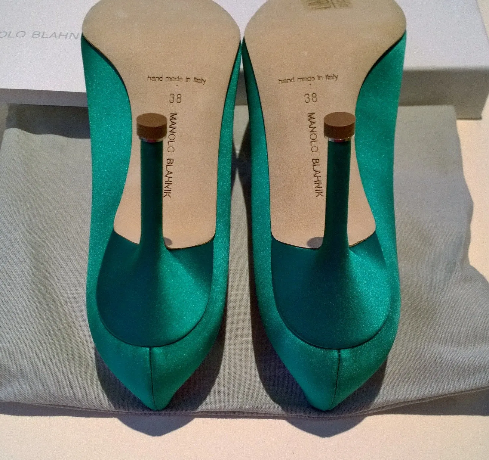 Manolo Blahnik Hangisi 90 Rhinestone Buckle Heels in Bright Green Satin Strass Shoes