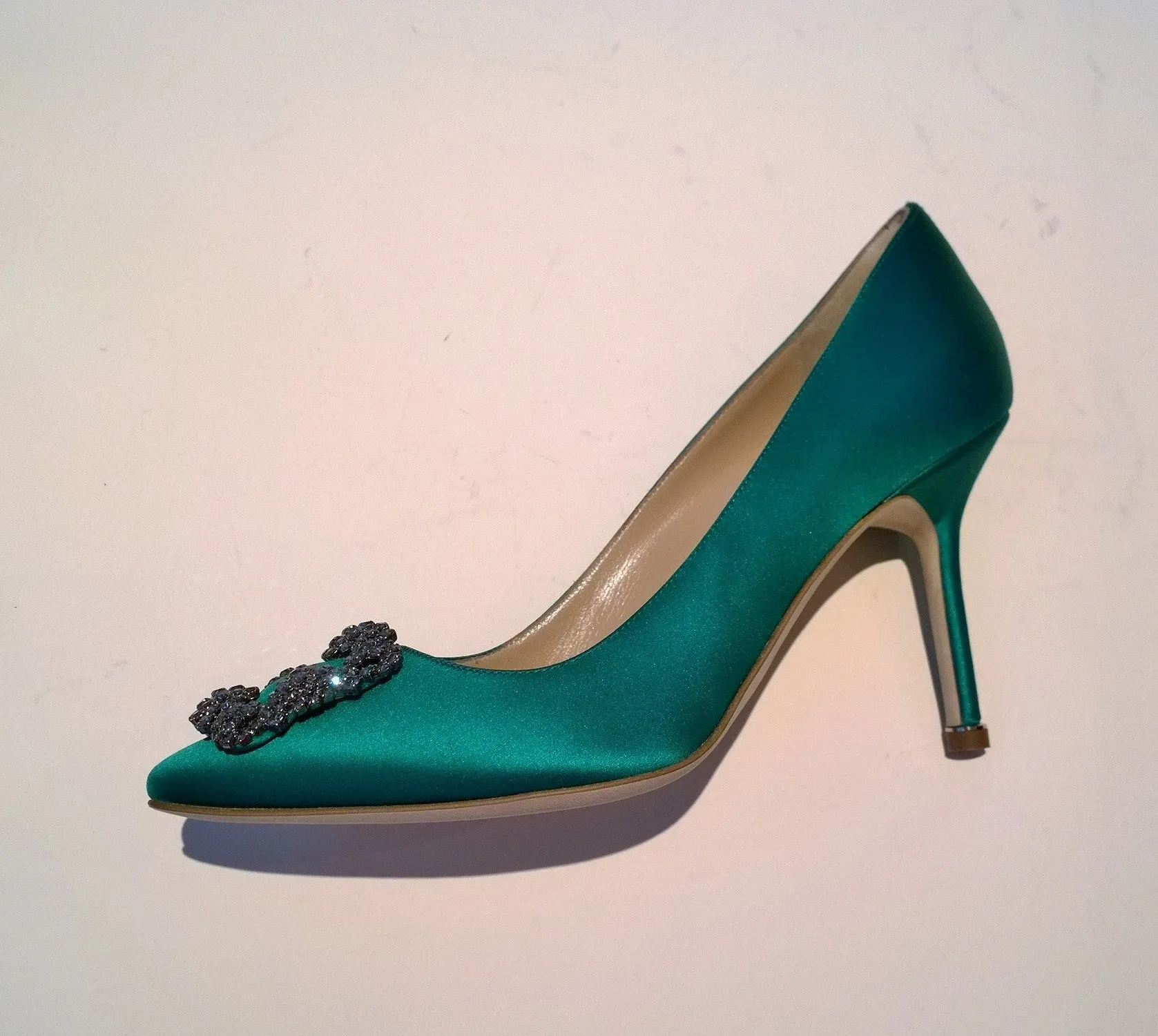 Manolo Blahnik Hangisi 90 Rhinestone Buckle Heels in Bright Green Satin Strass Shoes