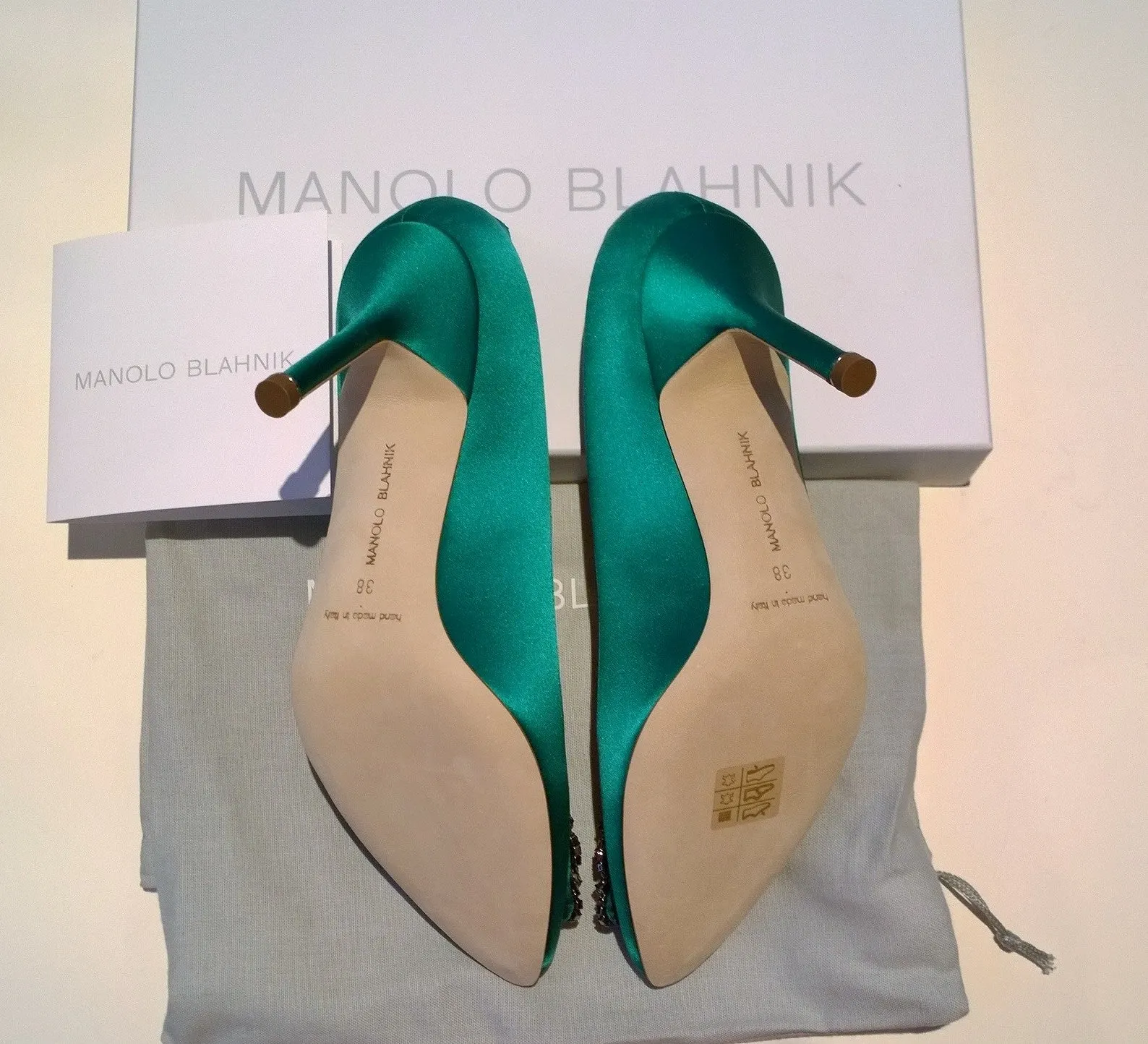 Manolo Blahnik Hangisi 90 Rhinestone Buckle Heels in Bright Green Satin Strass Shoes