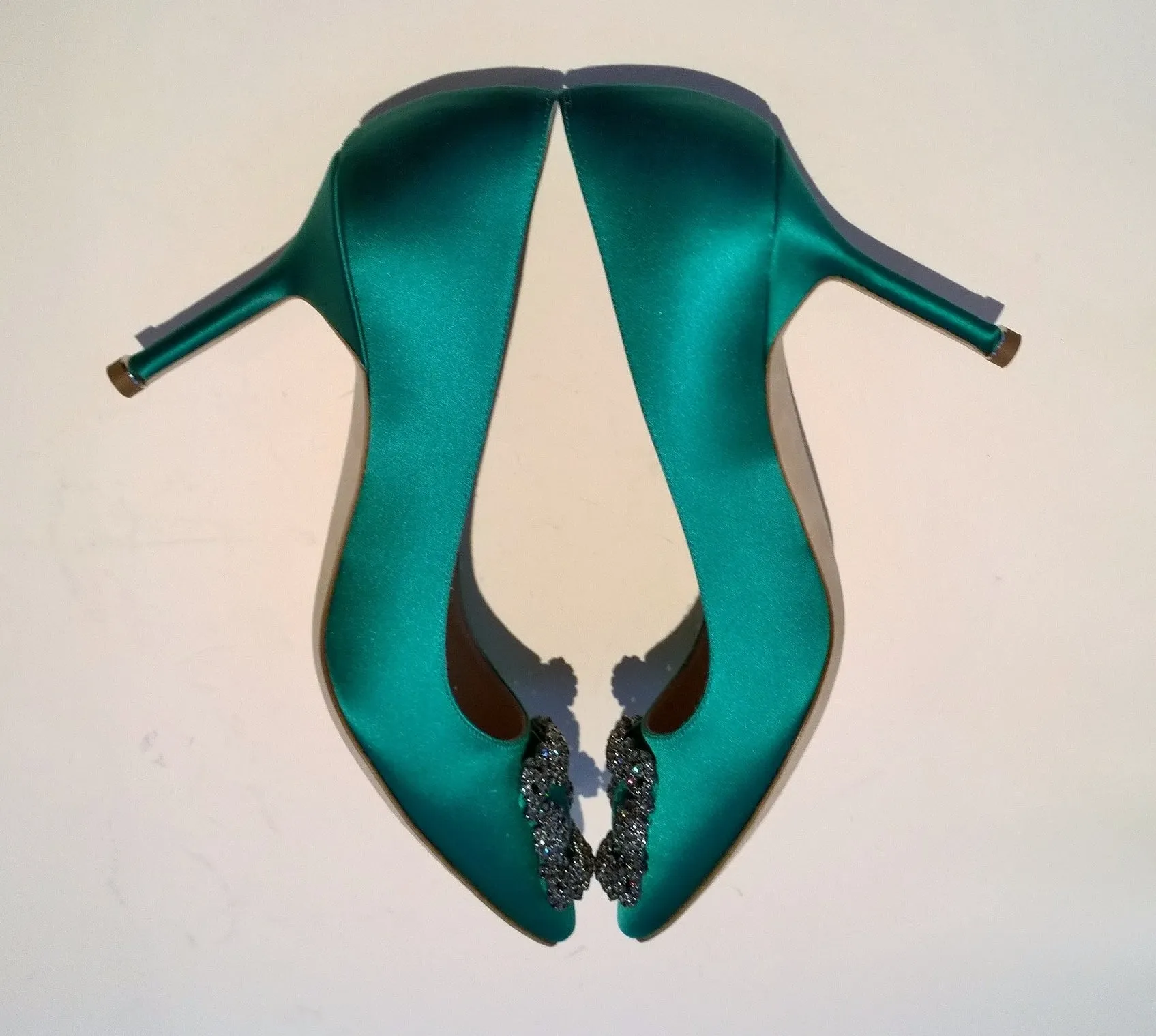 Manolo Blahnik Hangisi 90 Rhinestone Buckle Heels in Bright Green Satin Strass Shoes