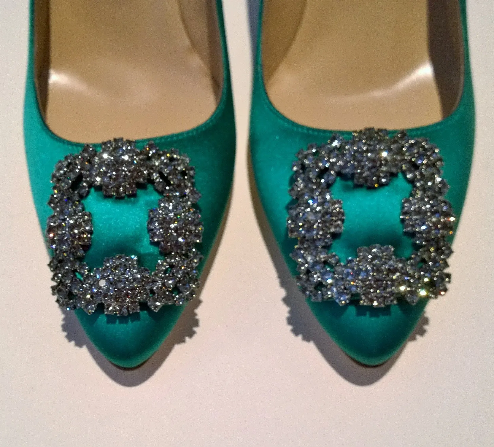 Manolo Blahnik Hangisi 90 Rhinestone Buckle Heels in Bright Green Satin Strass Shoes