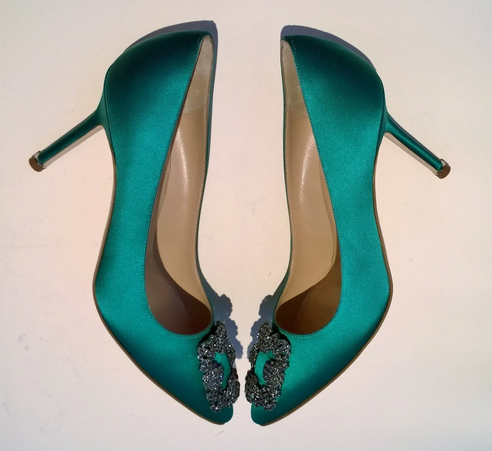 Manolo Blahnik Hangisi 90 Rhinestone Buckle Heels in Bright Green Satin Strass Shoes