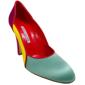 Manolo Blahnik Multi Colorblock Satin Trionan Pumps
