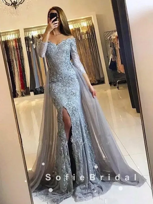 Mermaid Off The Shoulder Long Sleeves Black Split Side Detachable Prom Dresses With Lace,SFPD0052