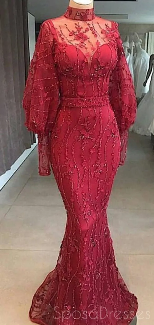Mermaid Tulle Applique Long Sleeves Prom Dresses, Sweet 16 Prom Dresses, 12418