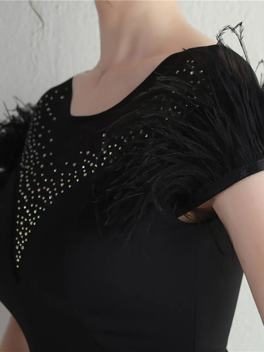Mesh Panel Rhinestone Feather Cocktail Dress MCW1137