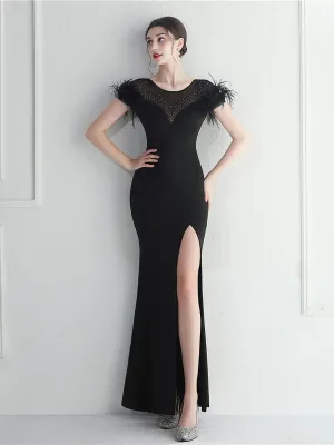 Mesh Panel Rhinestone Feather Cocktail Dress MCW1137
