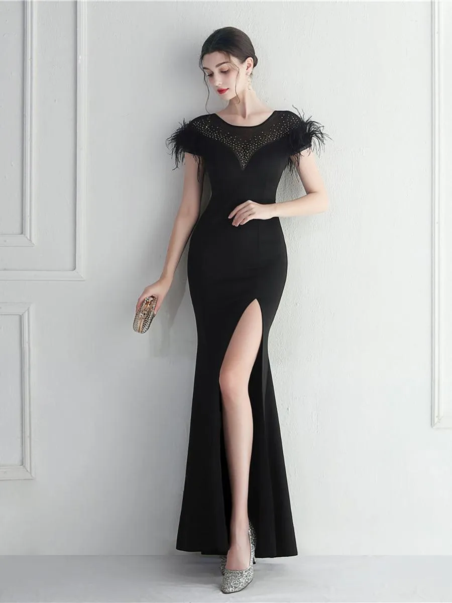 Mesh Panel Rhinestone Feather Cocktail Dress MCW1137