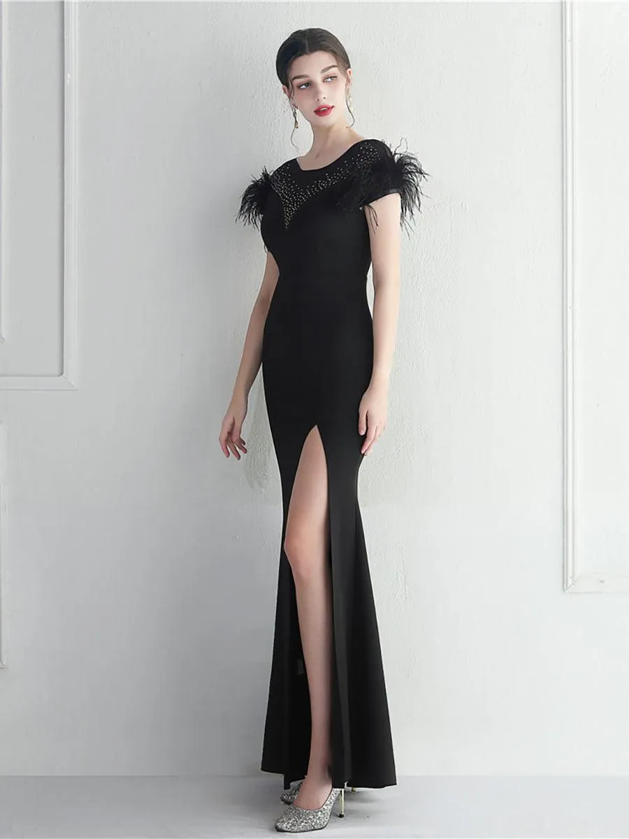 Mesh Panel Rhinestone Feather Cocktail Dress MCW1137