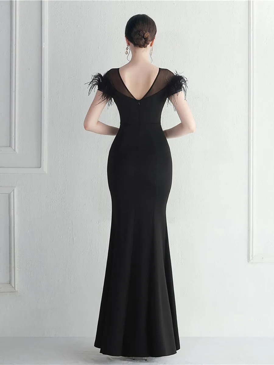 Mesh Panel Rhinestone Feather Cocktail Dress MCW1137