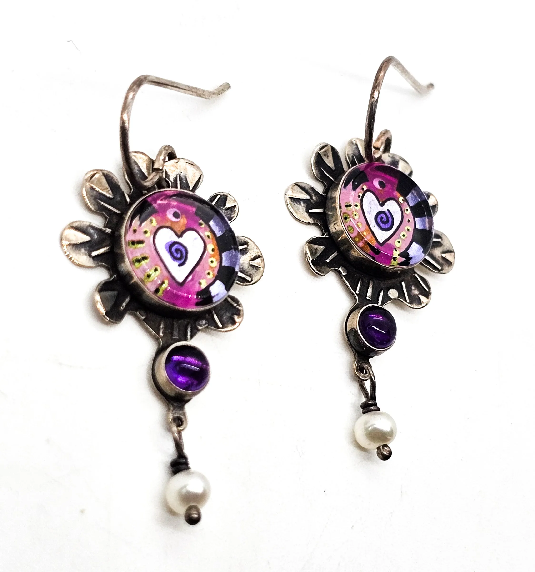Millodot Jane Carpenter reverse painted artisan vintage sterling silver heart earrings