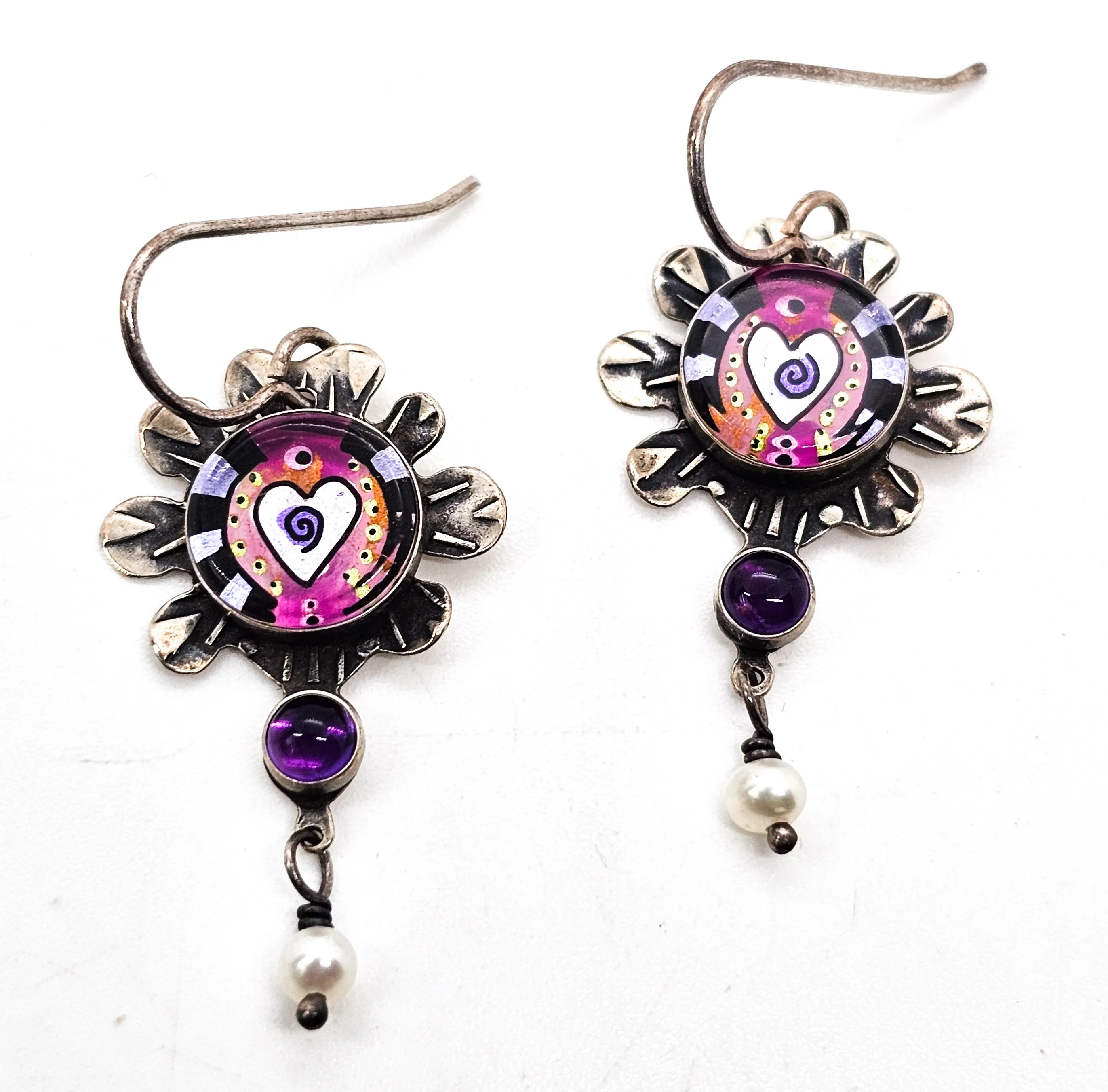 Millodot Jane Carpenter reverse painted artisan vintage sterling silver heart earrings
