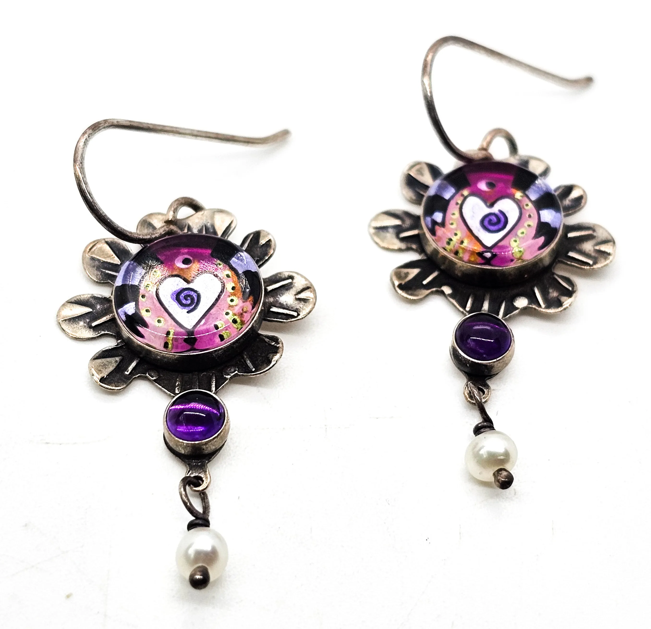 Millodot Jane Carpenter reverse painted artisan vintage sterling silver heart earrings